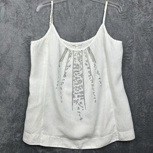 Eileen Fisher Tank Top Cami Large 100% Organic Linen Silver Embellish Off White